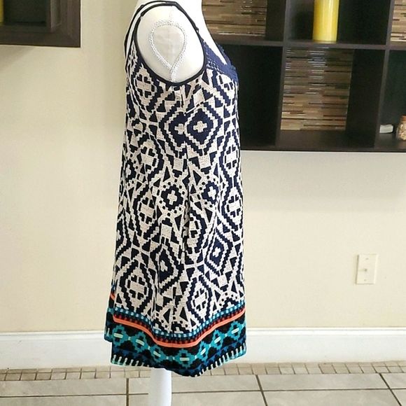 Zoe & Rose Boho Navy & White Lace Flowy Summer Festival Silky Shift Mini Dress - Picture 5 of 13